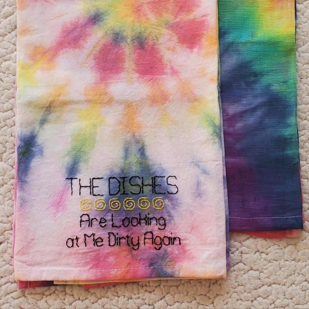 2 tie dye dish towels.